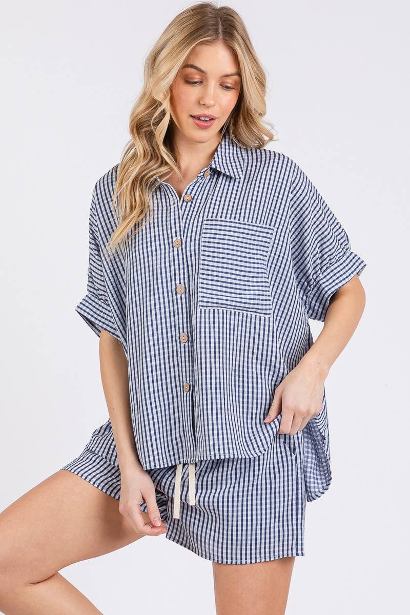 Navy Check Button Down Shorts Set