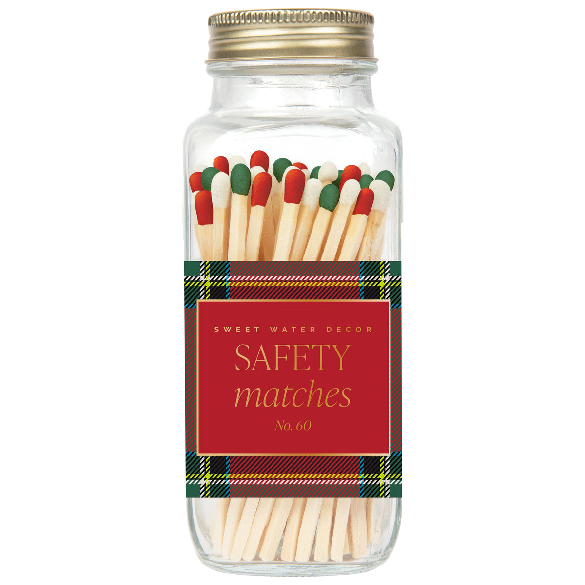 Glass jar of holiday plaid safety matches, front view