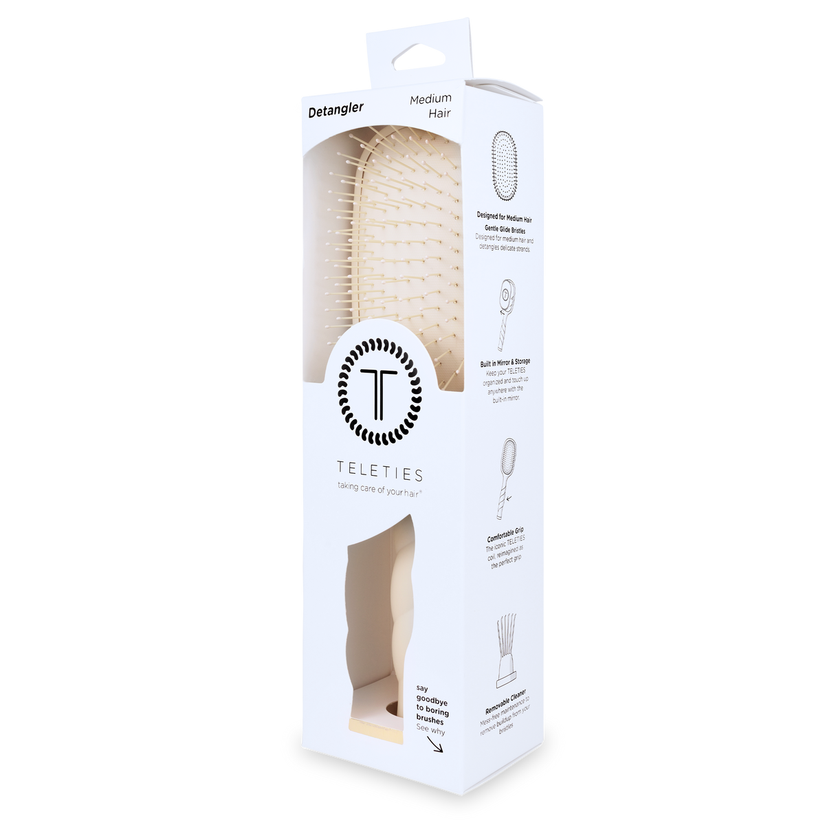 TELETIES detangler brush for medium hair in its packaging box