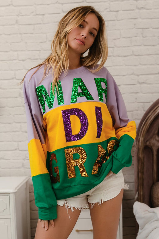 SEQUIN MARDI GRAS LETTERING COLOR BLOCK SWEATSHIRT