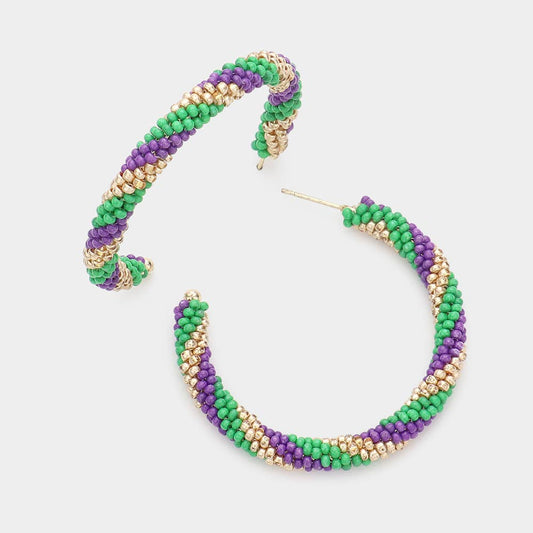 Mardi Gras Seed Beaded Hoop Earrings