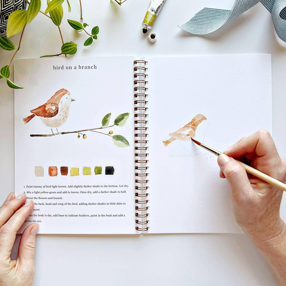 Bird on a branch page with painted example