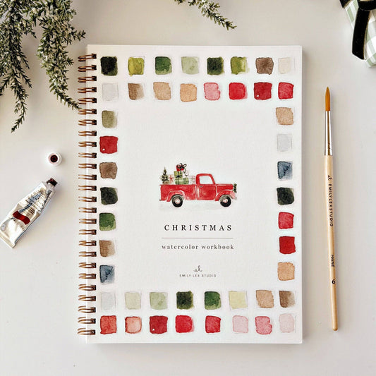 Classic Christmas watercolor workbook cover with a red truck