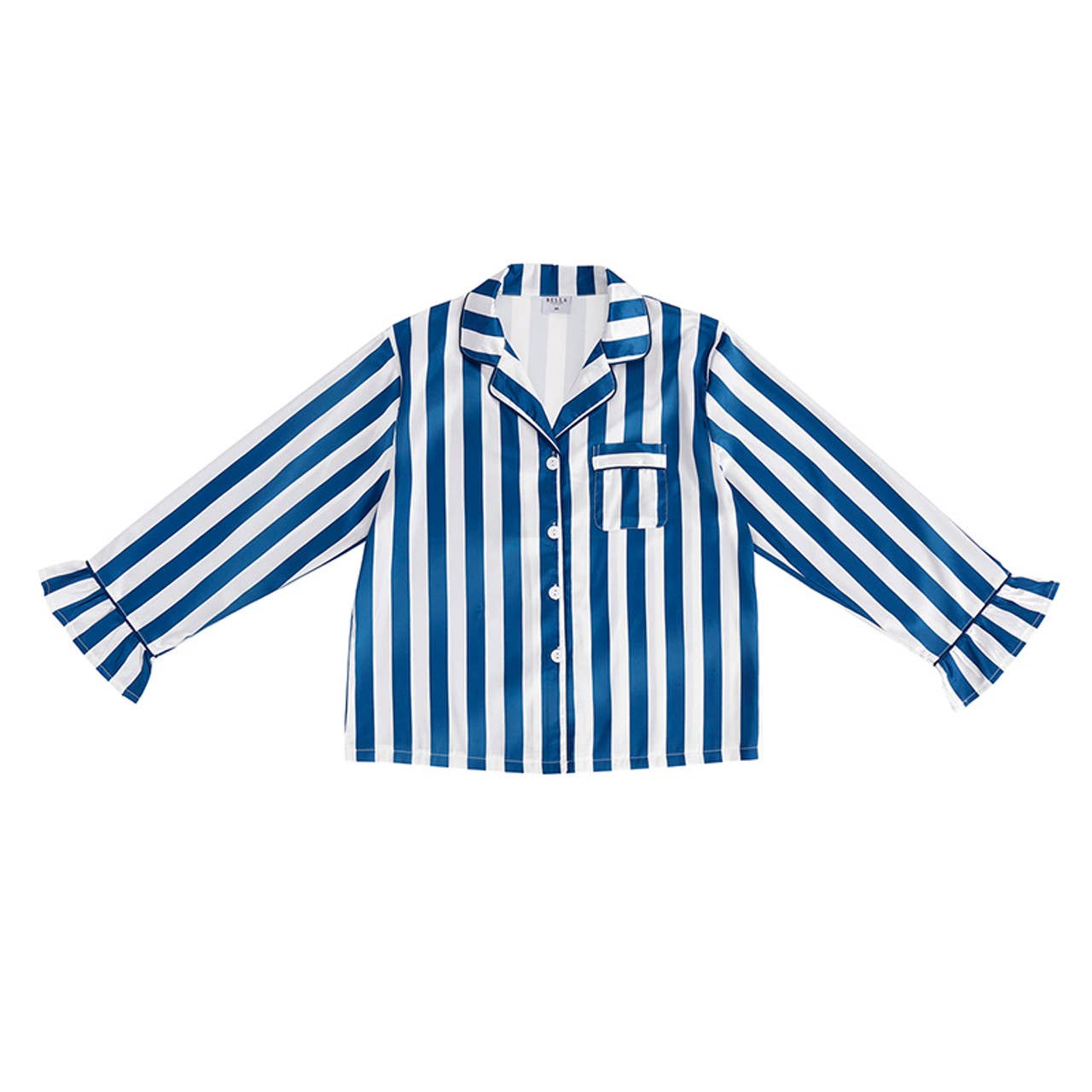 Ruffle Short PJ Set With Velvet Tie - Blue Stripe