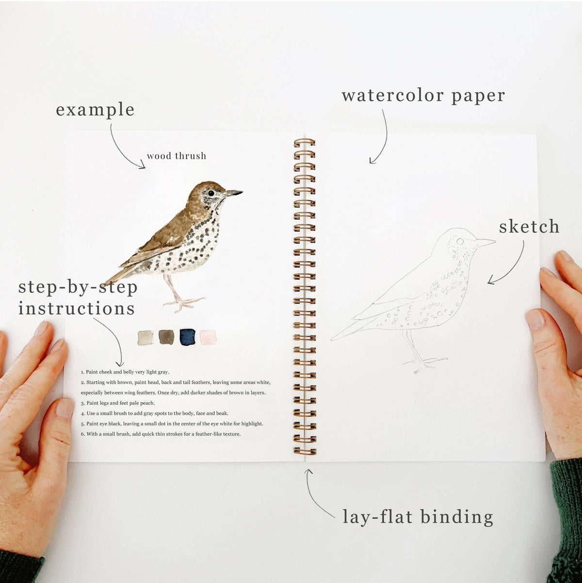 Workbook page showing example, step-by-step instructions, watercolor paper, and lay-flat binding
