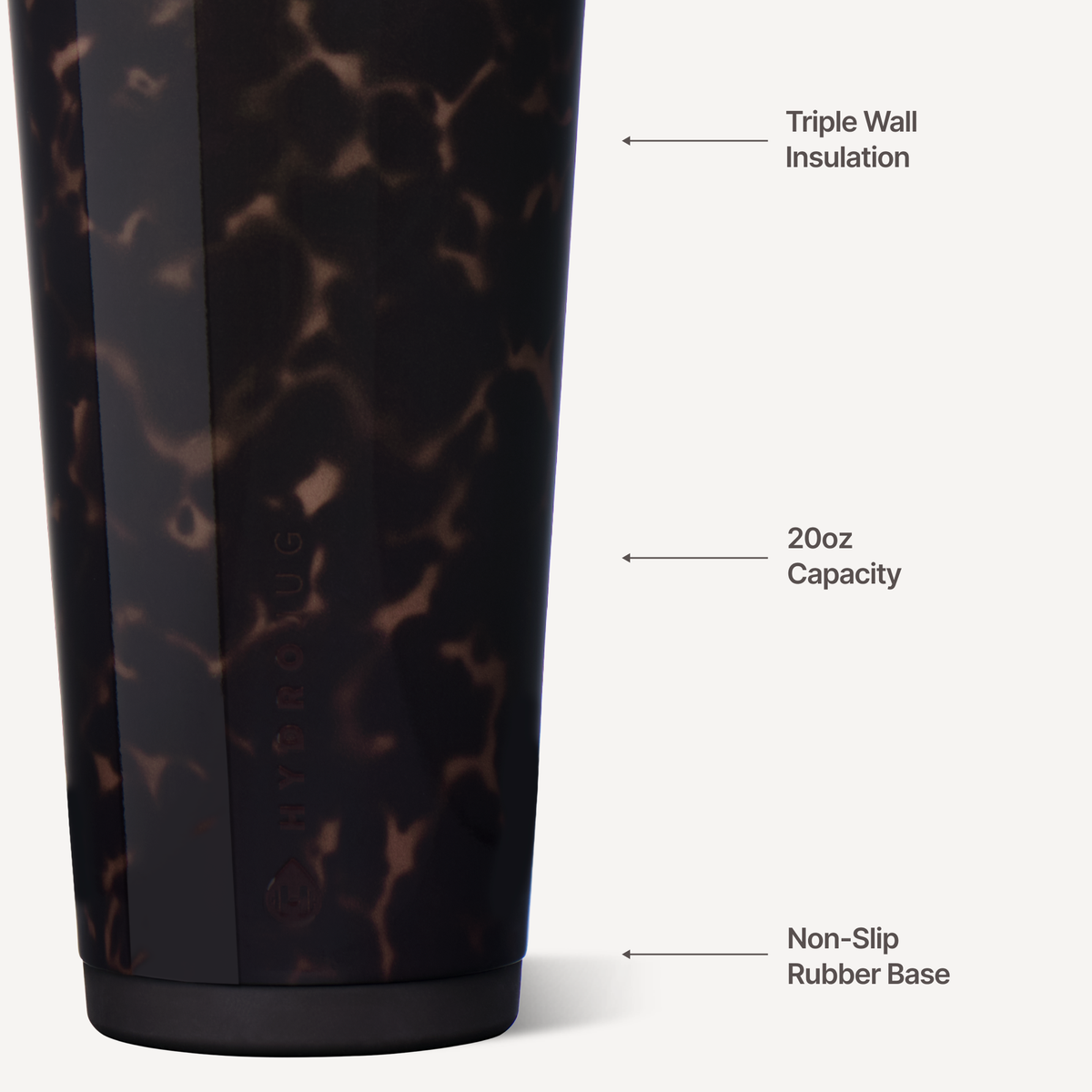 Close-up of a HydroLug travel tumbler with a dark tortoiseshell pattern, featuring callout lines and text labels pointing to Triple Wall Insulation, 20oz Capacity, and Non-Slip Rubber Base.