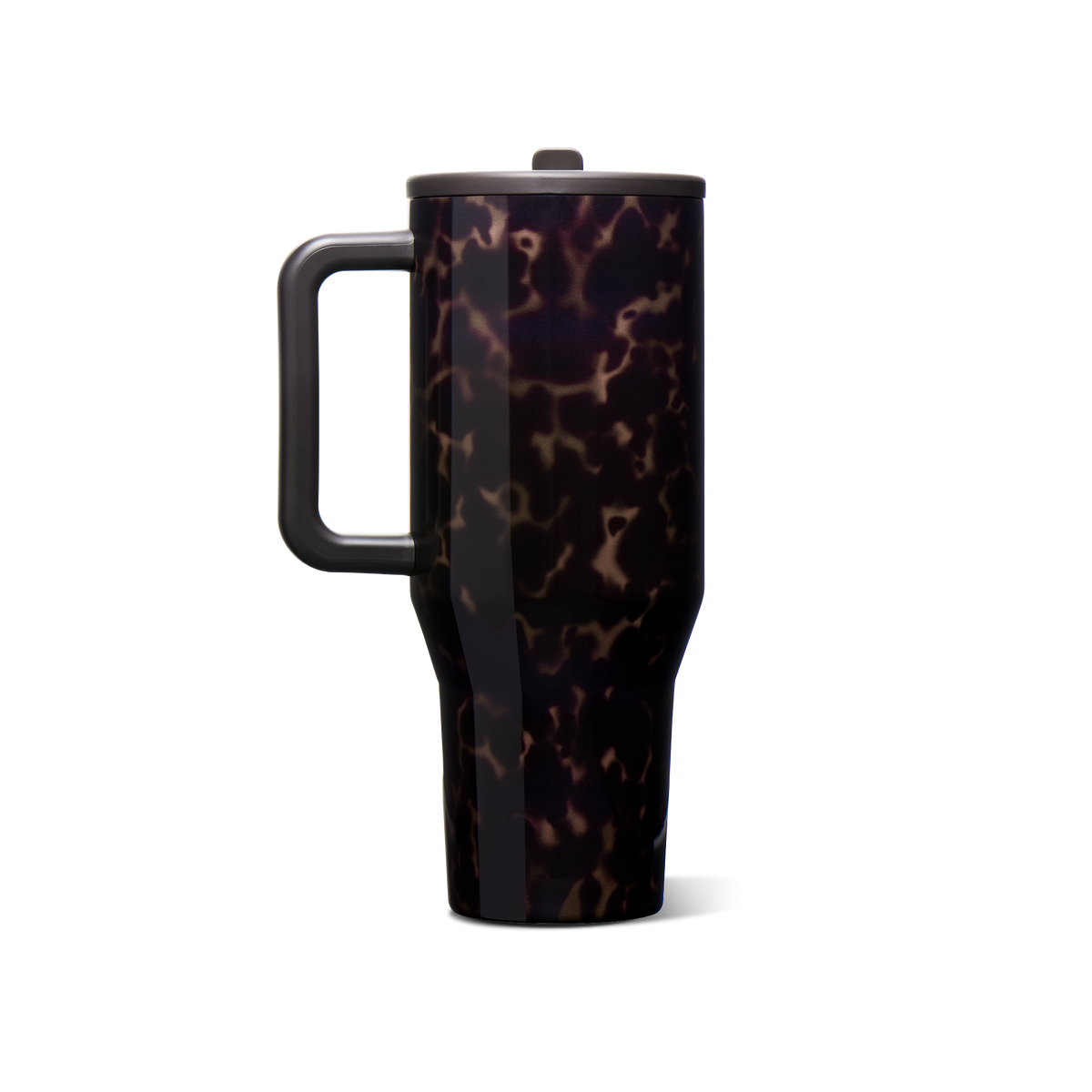Mocha Tortoise HydroJug 40 oz Traveler with dark brown tortoiseshell pattern and handle on the left