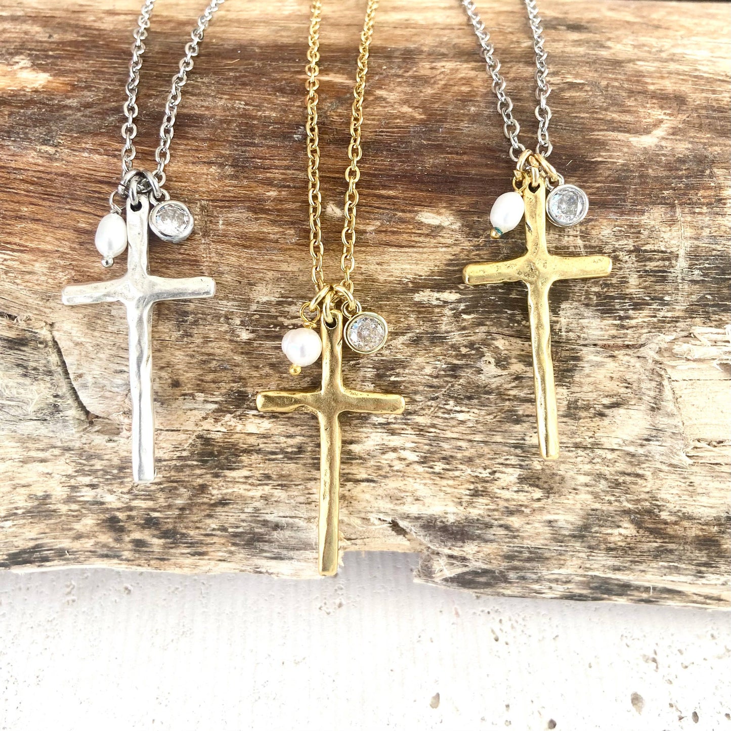 Cross necklace religious jewelry rustic pearl non tarnishing