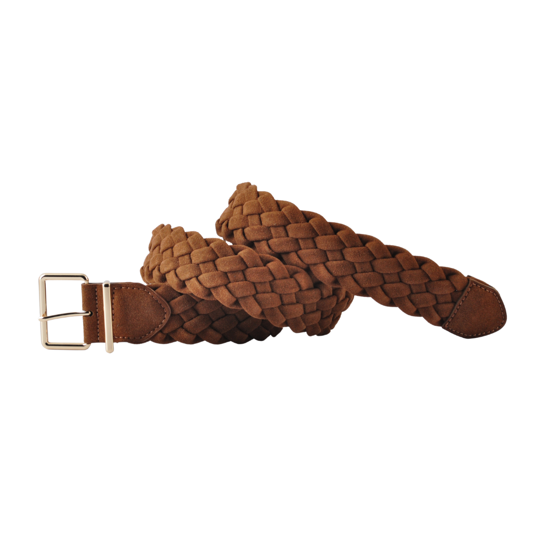 A brown braided leather belt with a gold-tone buckle, coiled on a plain white background.