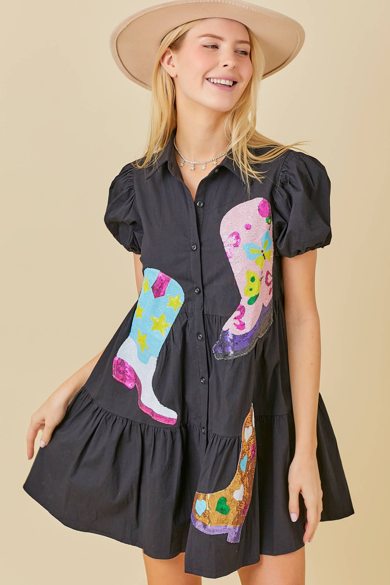 Sequin Boots Patch Solid Dress - Final Sale