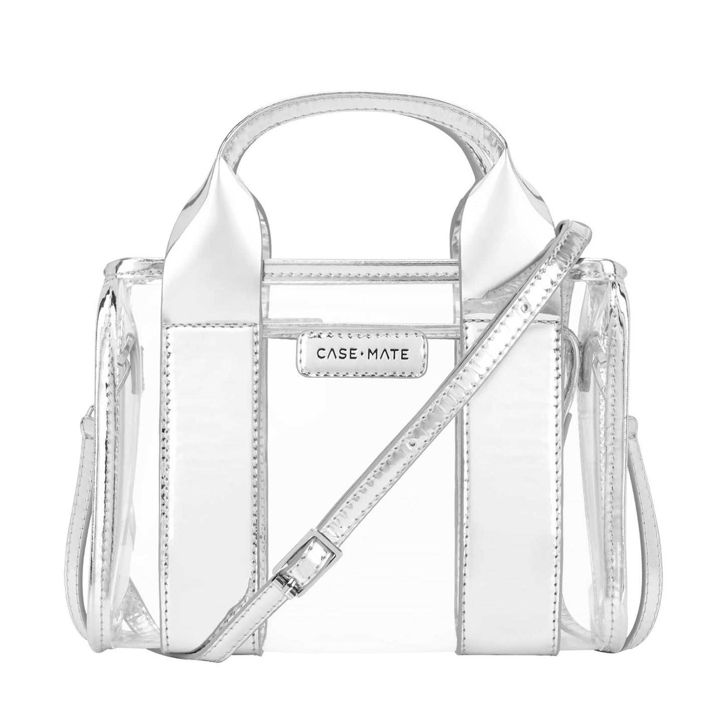Clear handbag with silver chrome accents a visible brand logo on a white background