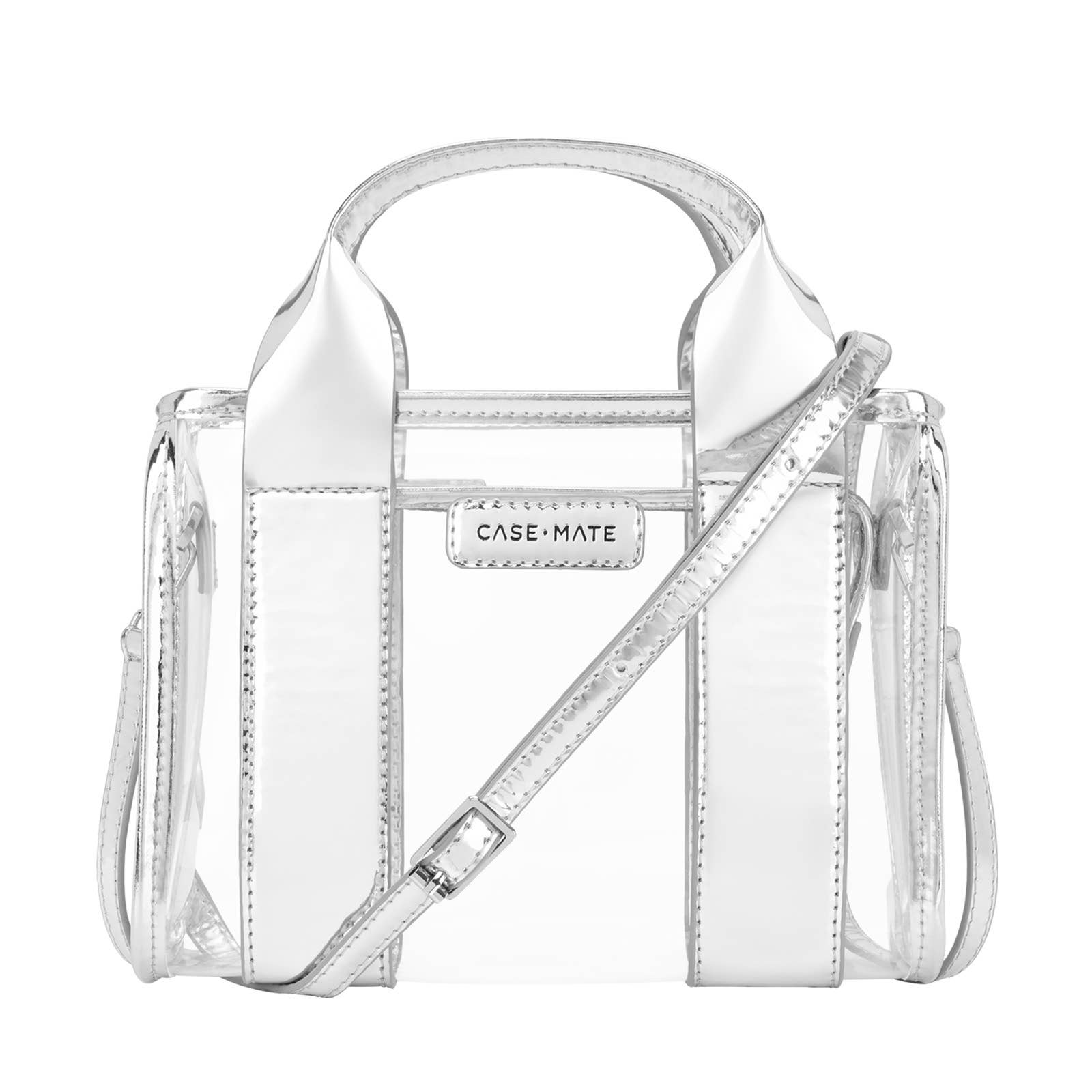 Clear handbag with silver chrome accents a visible brand logo on a white background
