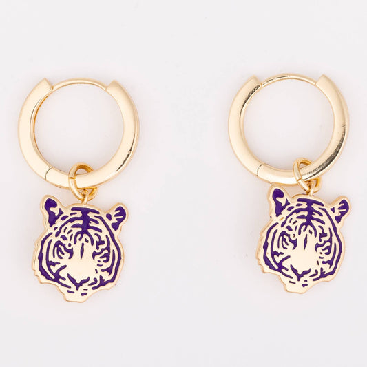 Gold hoop earrings with purple tiger charms on a white background
