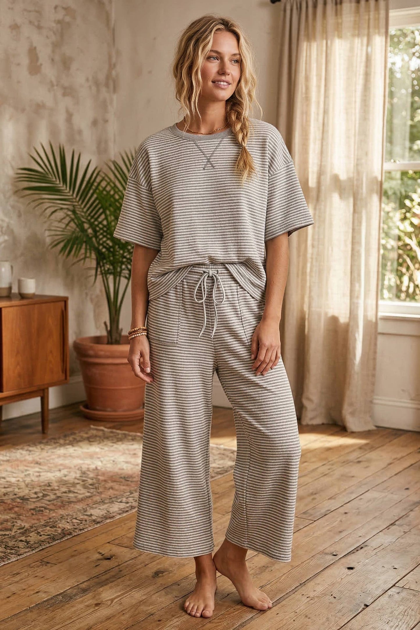 Bria Grey Striped Knit Top and Pants Set