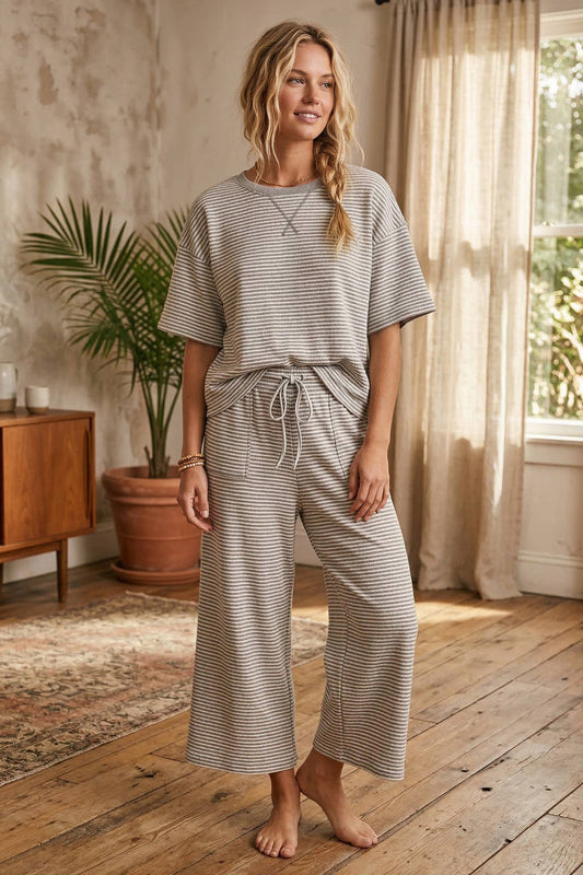 Bria Grey Striped Knit Top and Pants Set