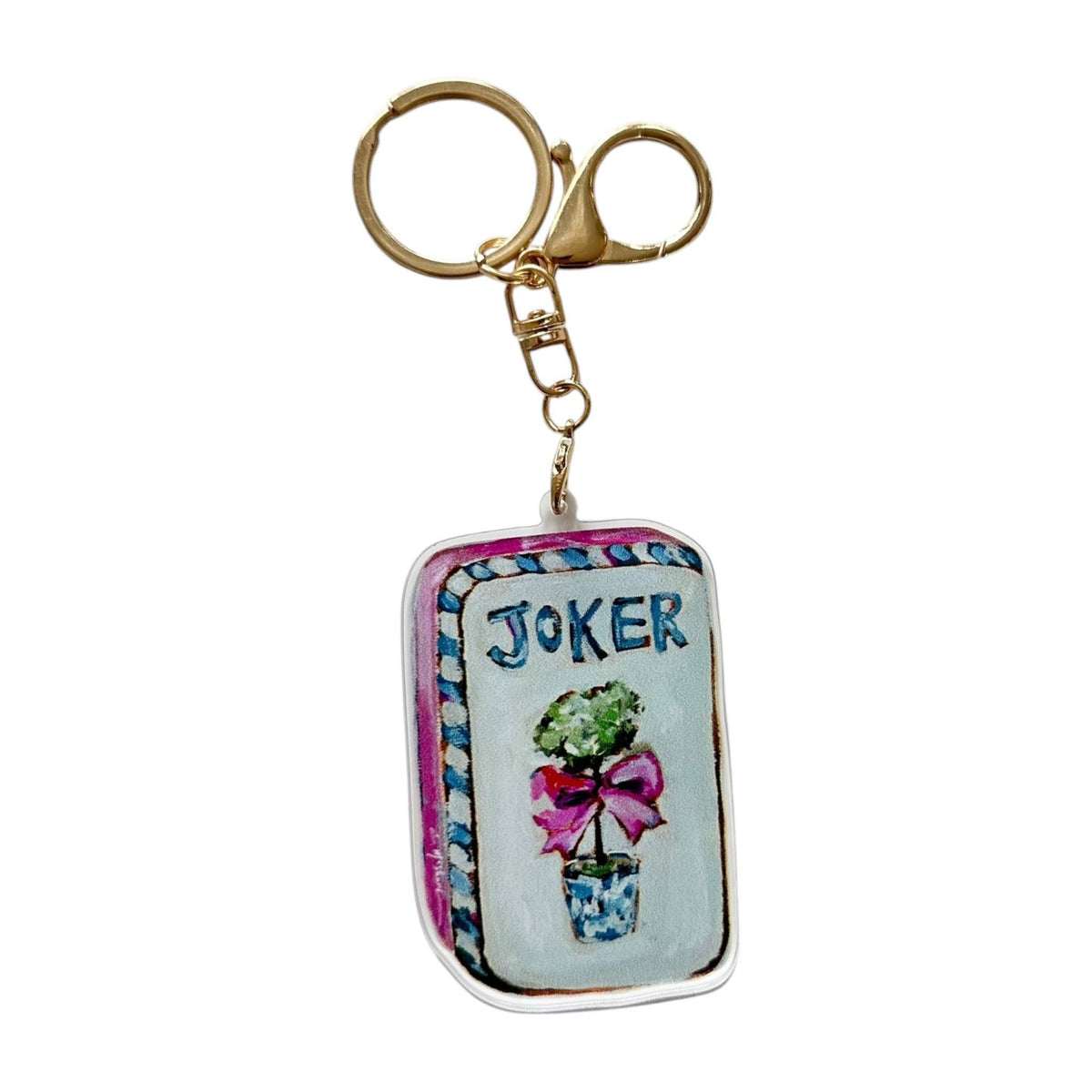 Mahjong Joker acrylic bag charm with a gold-tone key ring and lobster clasp