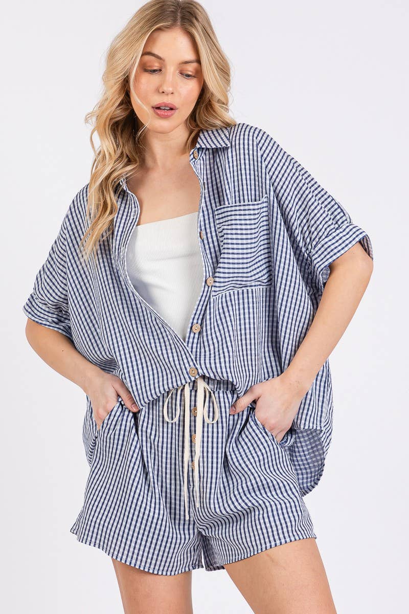 Navy Check Button Down Shorts Set