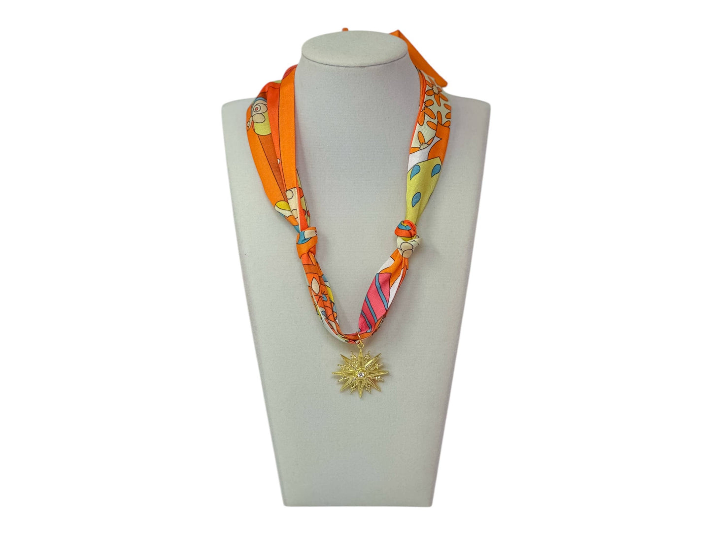 Scarf Charm Necklace - Orange Retro w/Rhinestone Star Burst