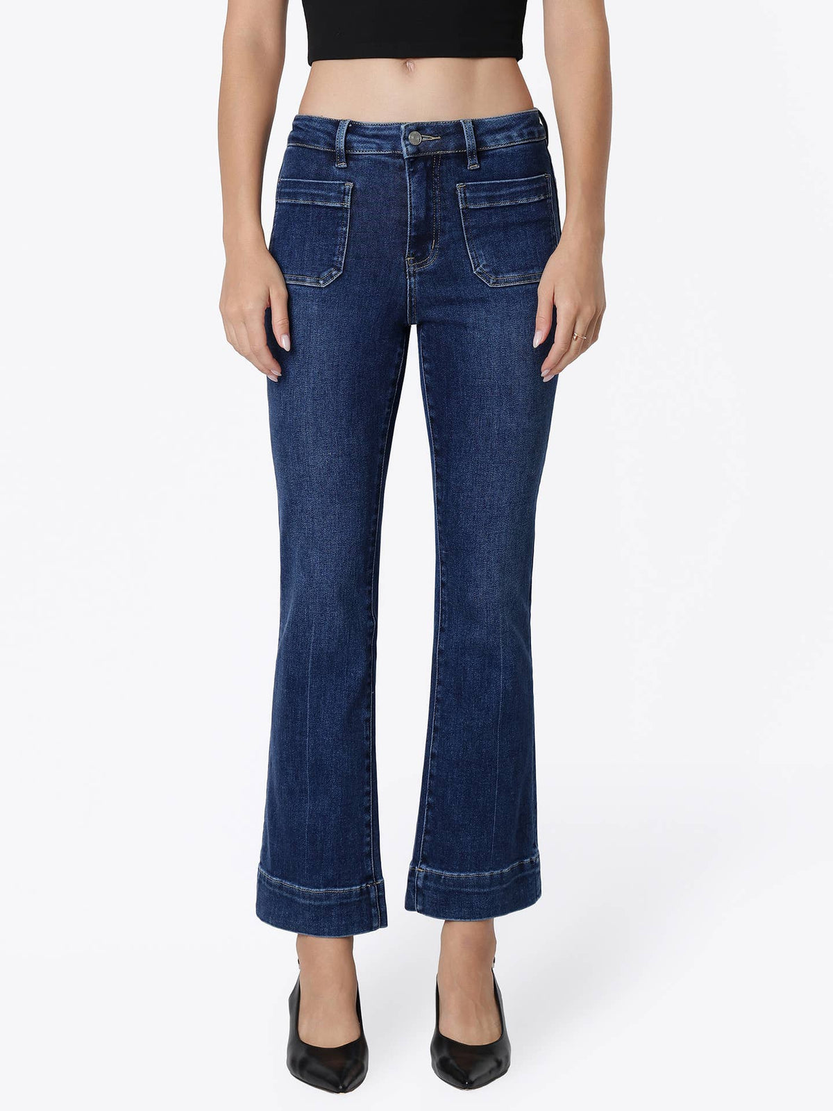 Dark wash high rise ankle flare jeans with patch pockets