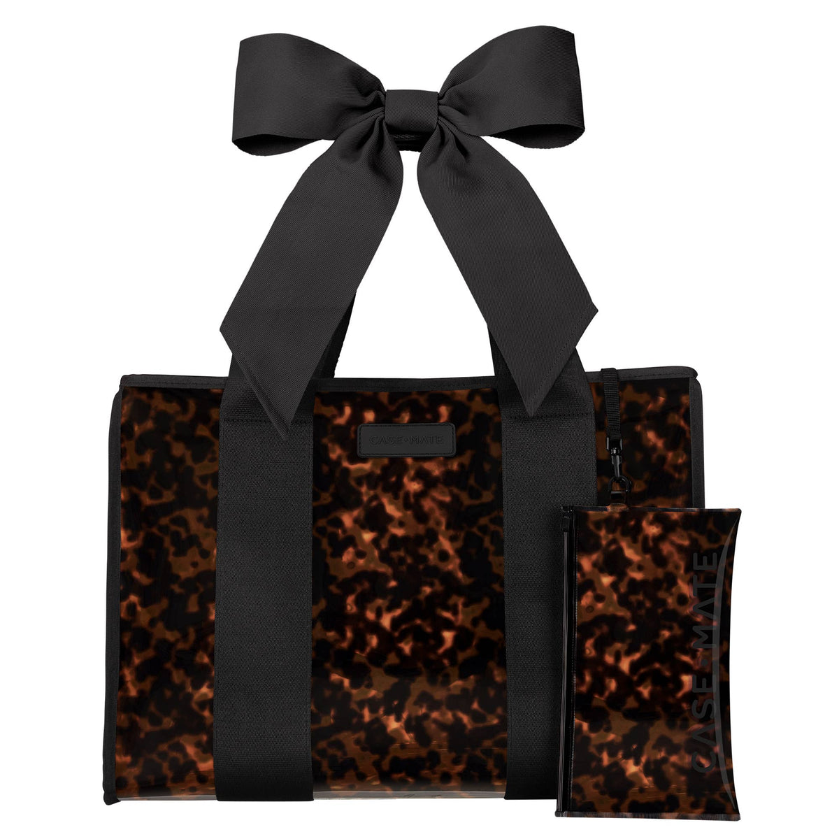 Tortoiseshell bow jelly tote bag with black straps and zipper pouch