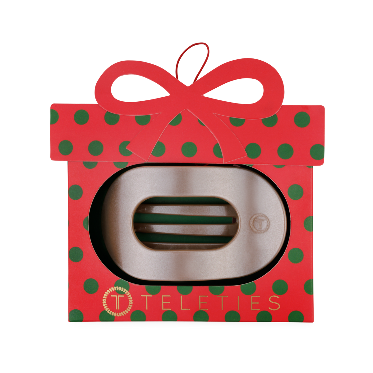 TELETIES Holiday Flat Round Ornament, a red present-shaped box with a bow holding a flat hair clip