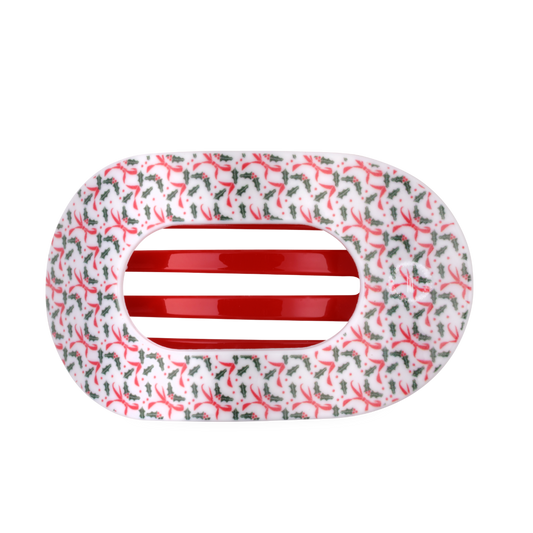TELETIES Festive Feels holly print large flat round hair clip, top view