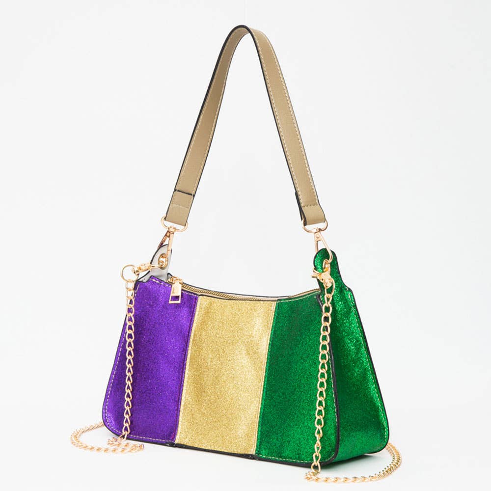 Faux Leather Mardi Gras Sparkle Front Shoulder Crossbody Bag