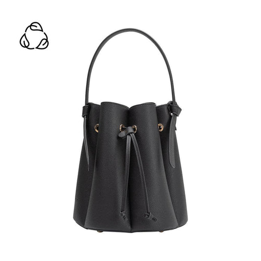 Black bucket bag with drawstring on a white background