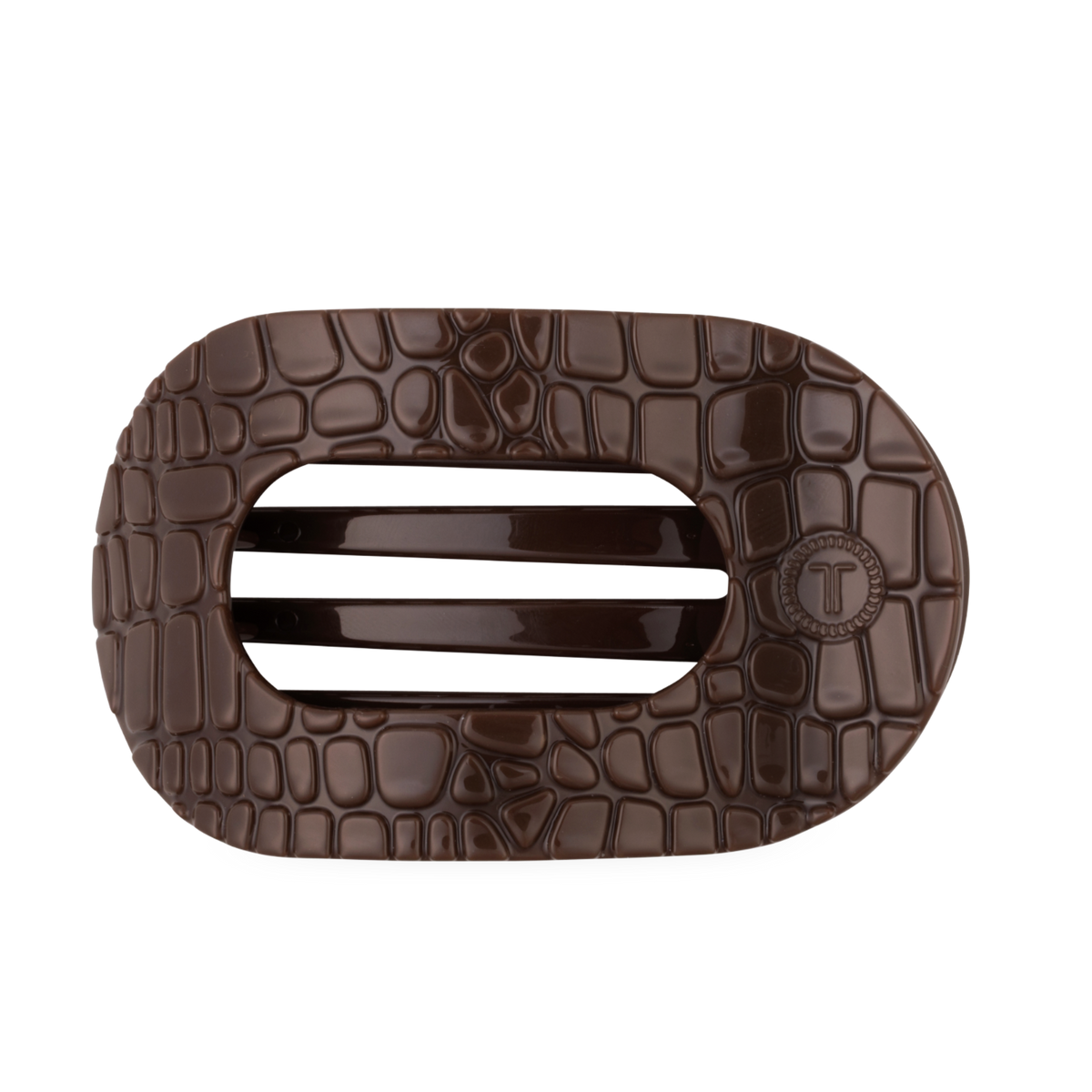TELETIES Brown Crocodile large flat round hair clip, top view