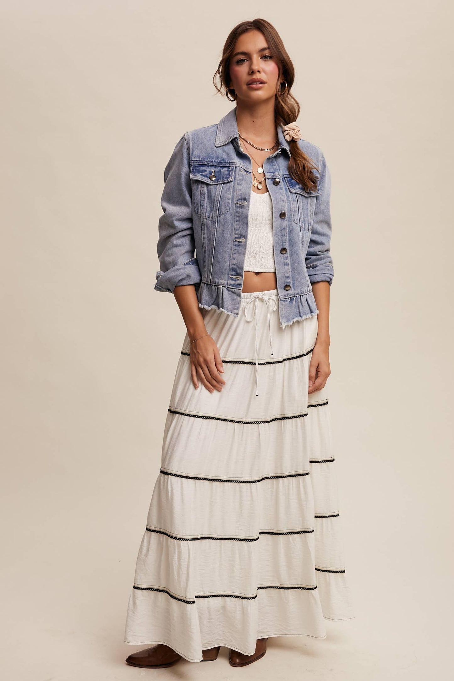 Ruffled Hem Denim Jacket