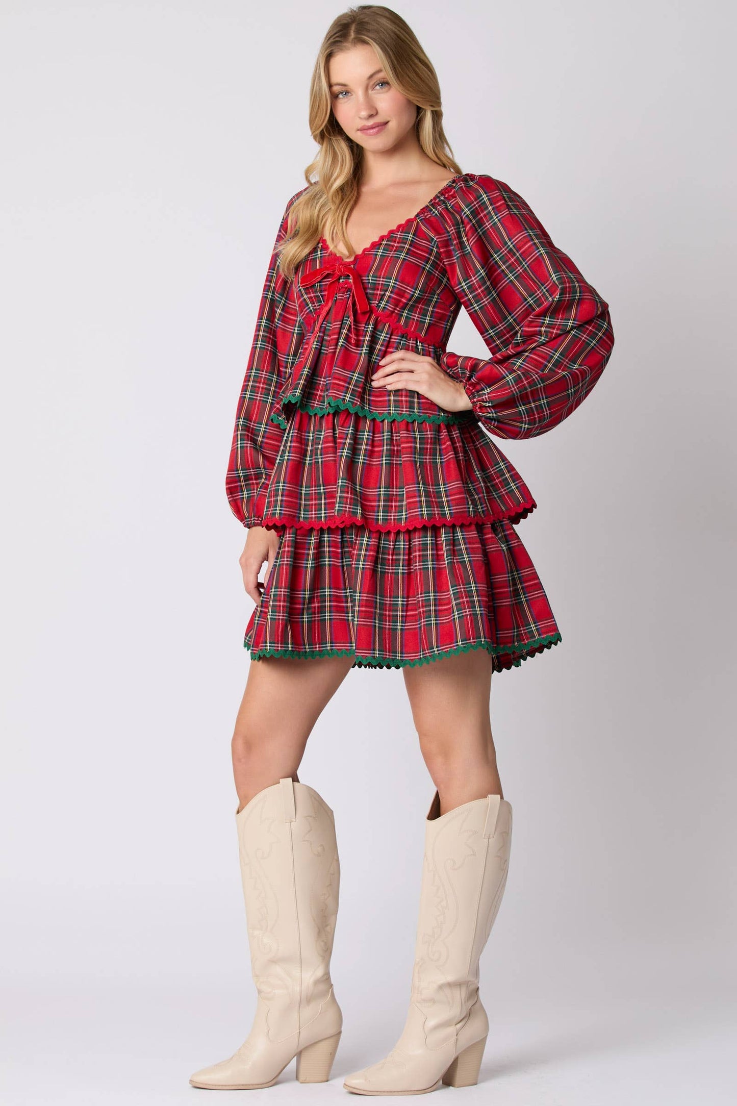 Christmas Plaid Long Sleeve Tiered Dress