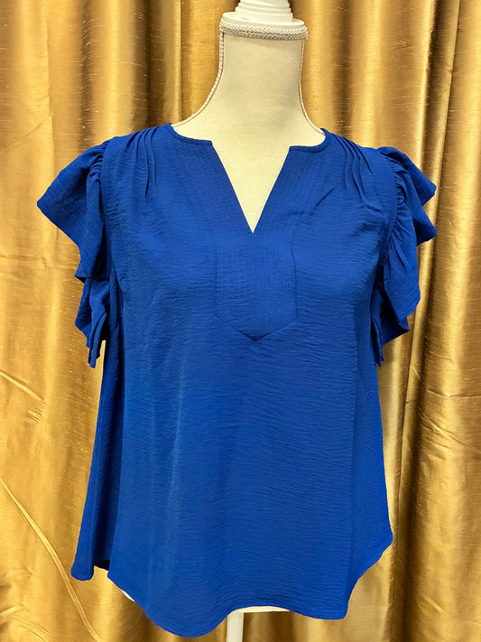 Cobalt Flutter Sleeve V Neck Blouse