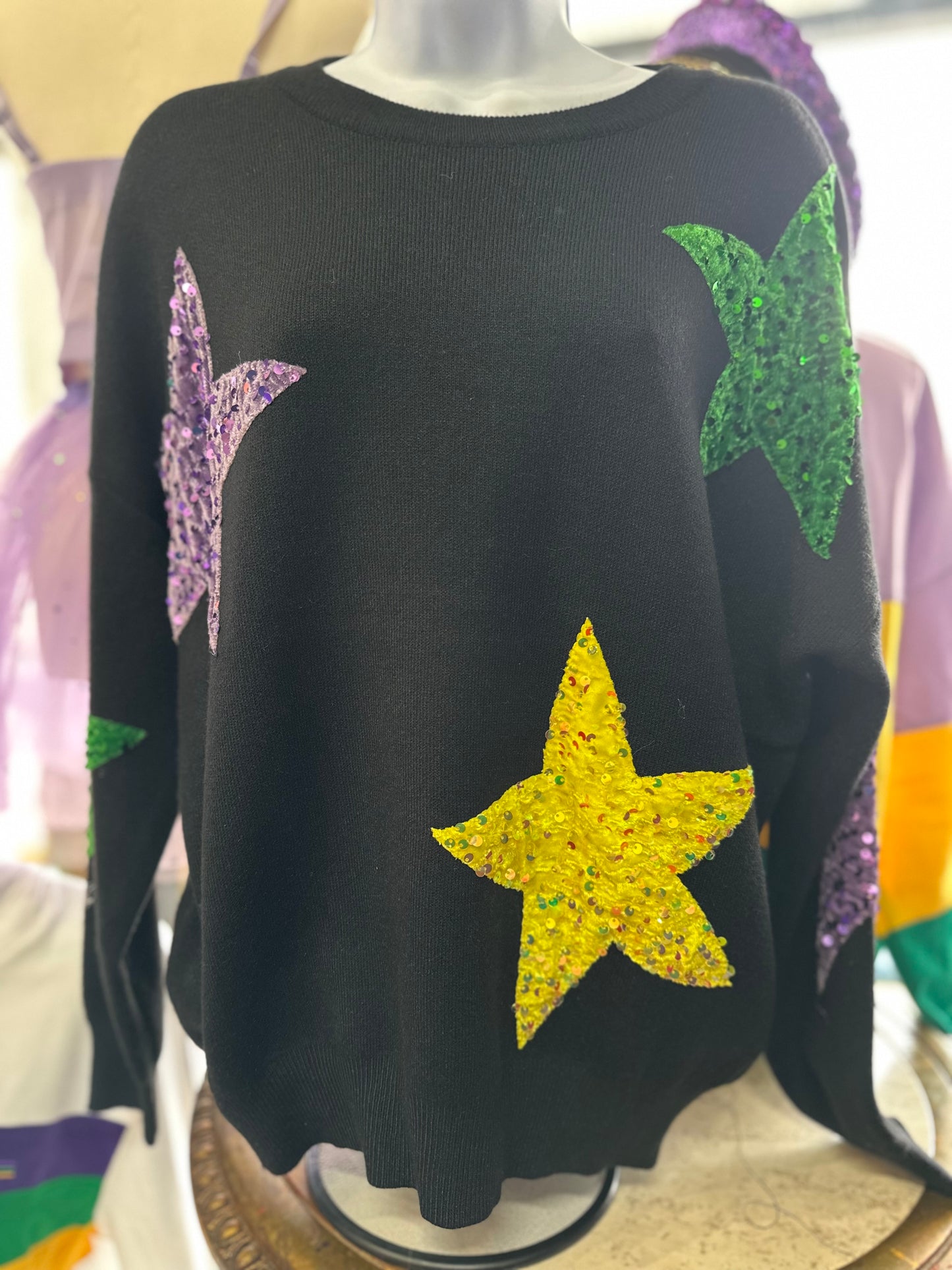 SEQUIN VELVET STAR PATCHES MARDI GRAS SWEATER Black