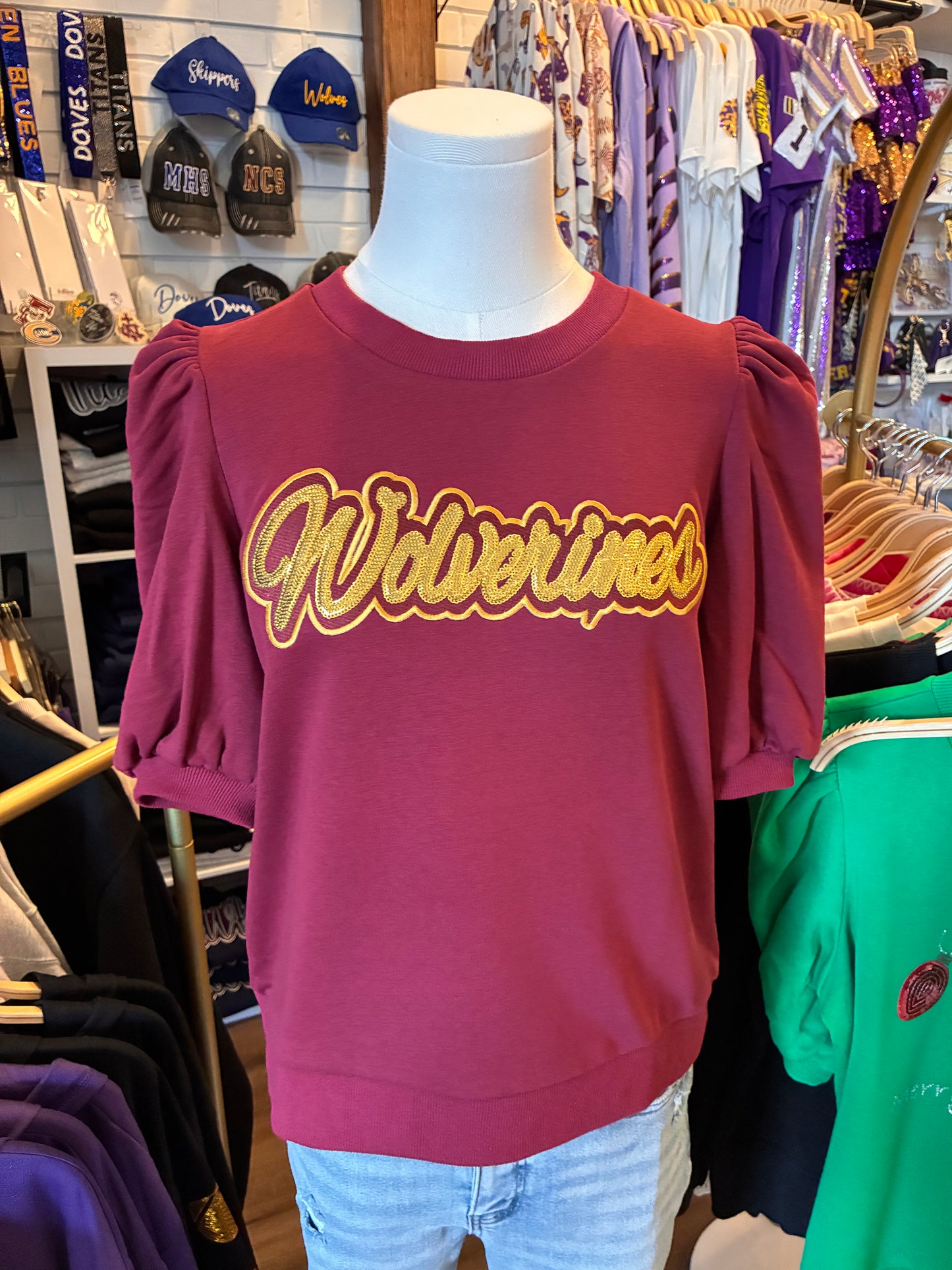 Wolverines Burgundy Puff Sleeve Round Neck Top