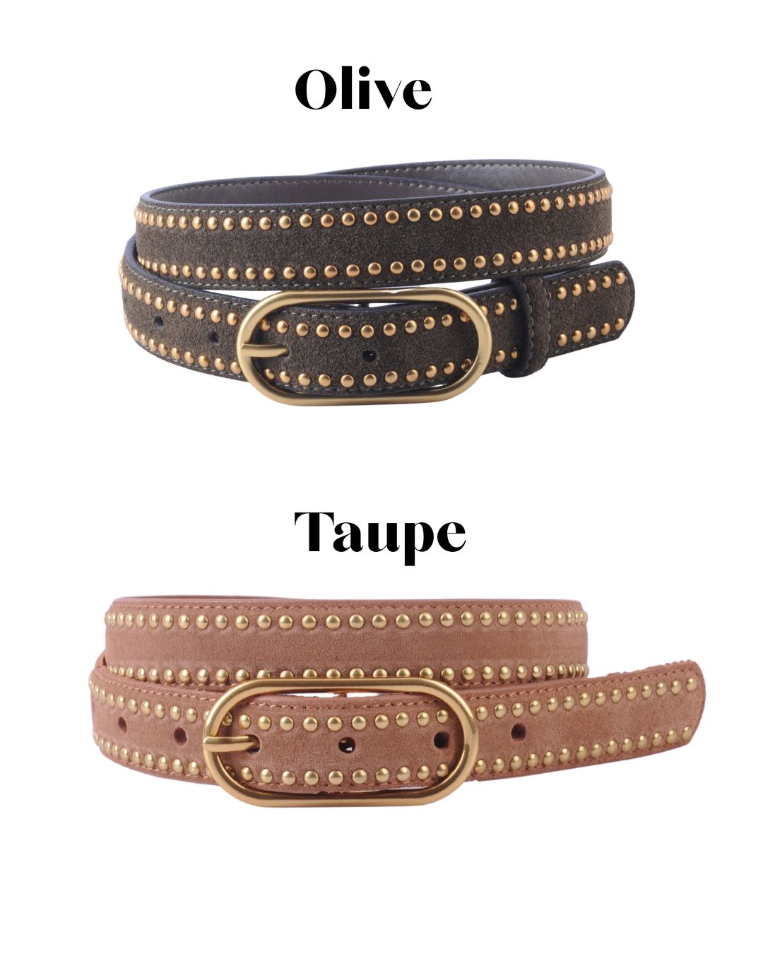 An Olive  leather belt with gold studs and buckle  and a Light Taupe Leather Belt on a white background