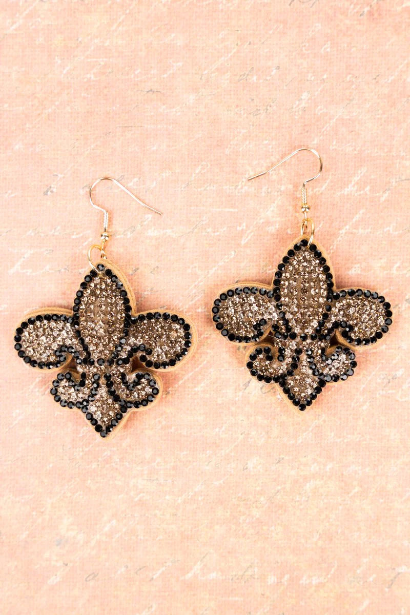 BLACK AND GOLD FLEUR-DE-LIS CRYSTAL EARRINGS