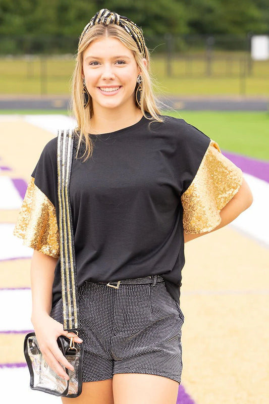 Black and Gold Sequin Sleeved Shirt