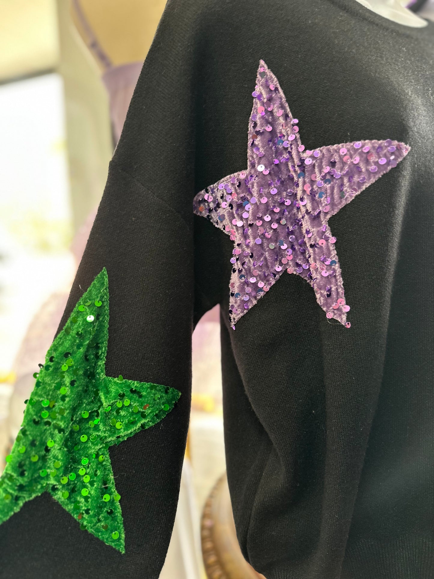 SEQUIN VELVET STAR PATCHES MARDI GRAS SWEATER Black