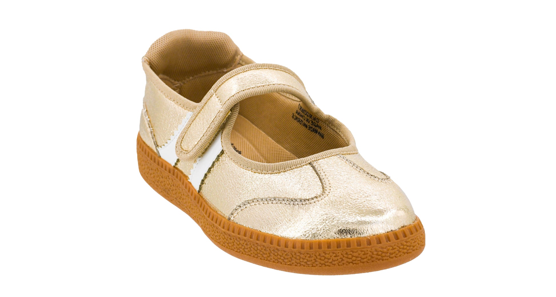 Gold children's shoe with brown sole on a white background