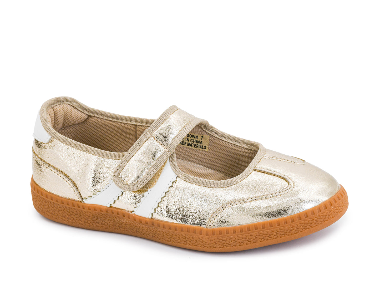 A single children's Mary Jane shoe in metallic gold with a tan strap and a brown textured sole, shown on a white background.