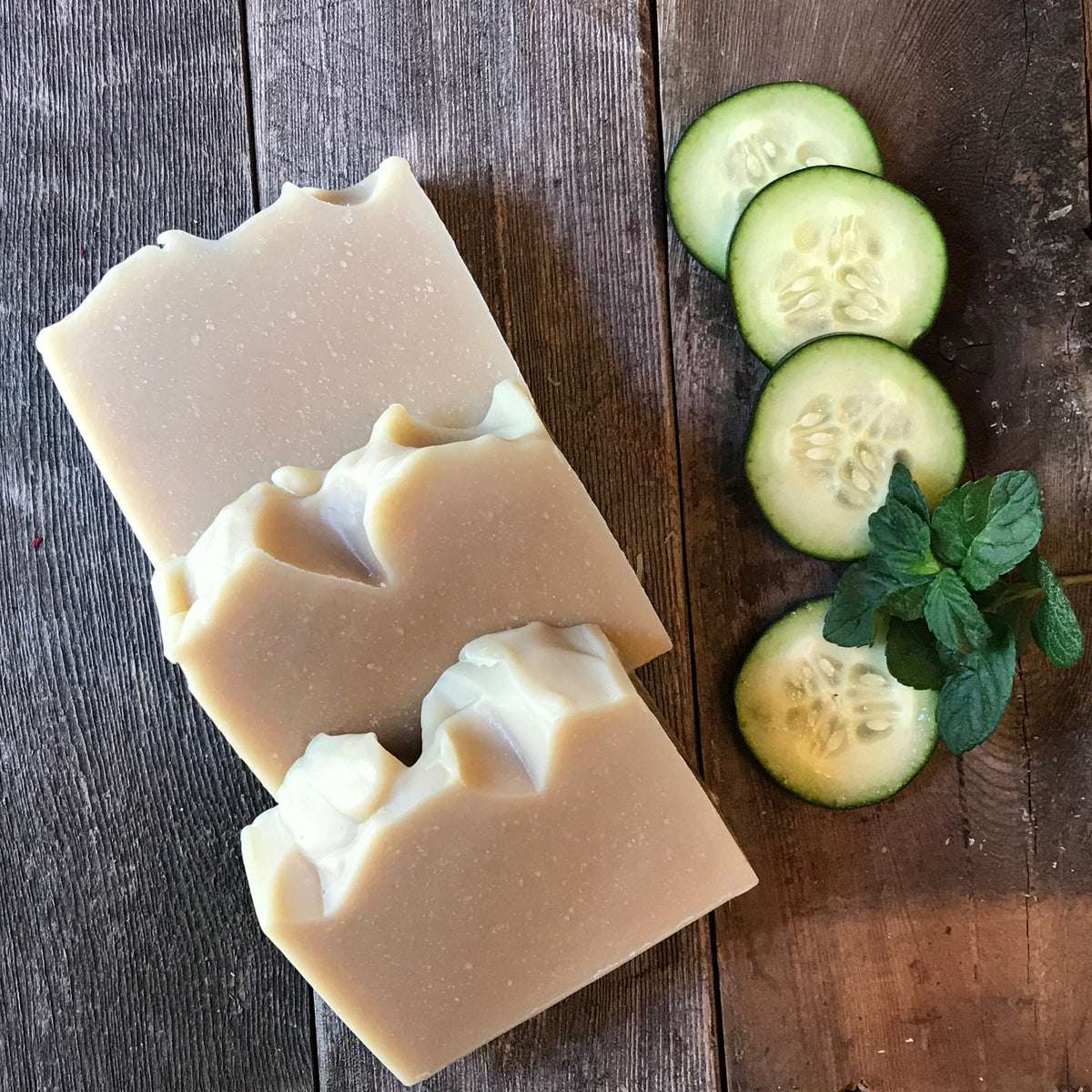 Cucumber Mint soap bars with cucumber slices and fresh mint