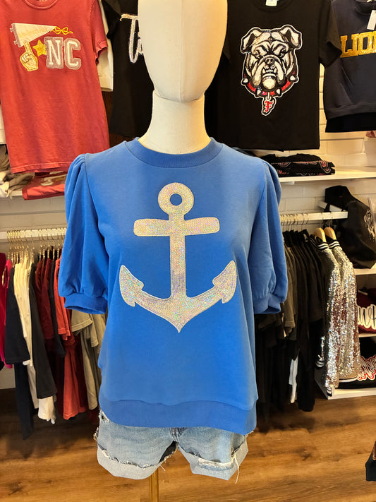 Royal Puff Sleeve Anchor Sequin Top