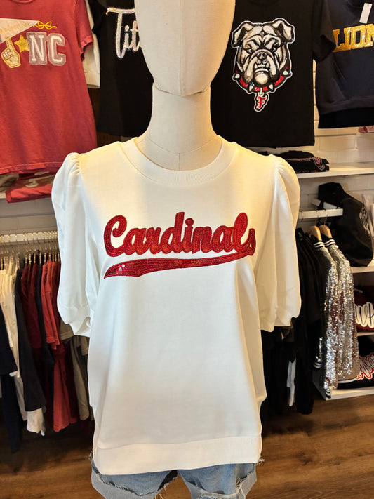 White Cardinals Puff Sleeve  Sequin Top