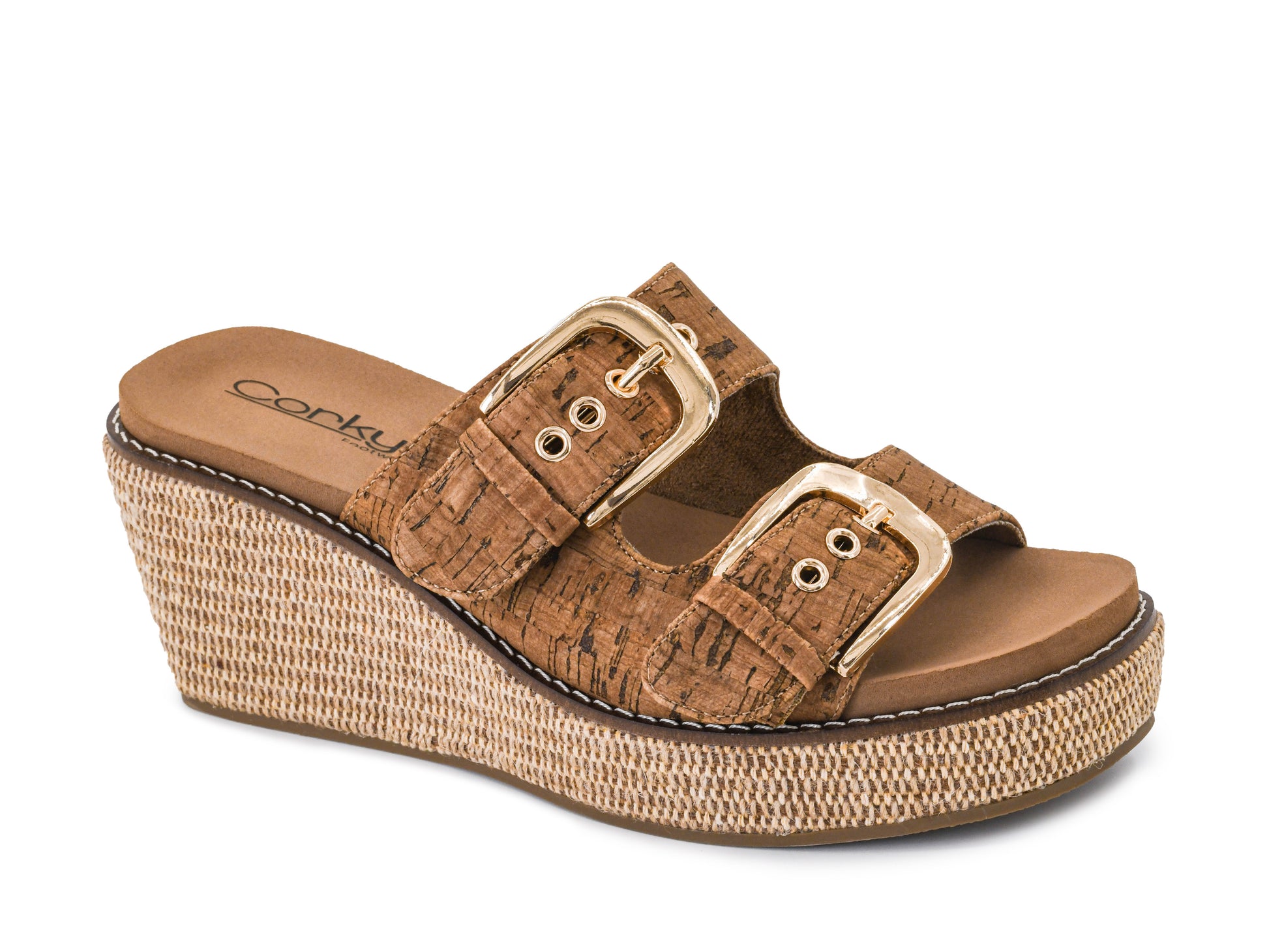 Wedge Sandle with Brown Cork Upper and Gold Buckle