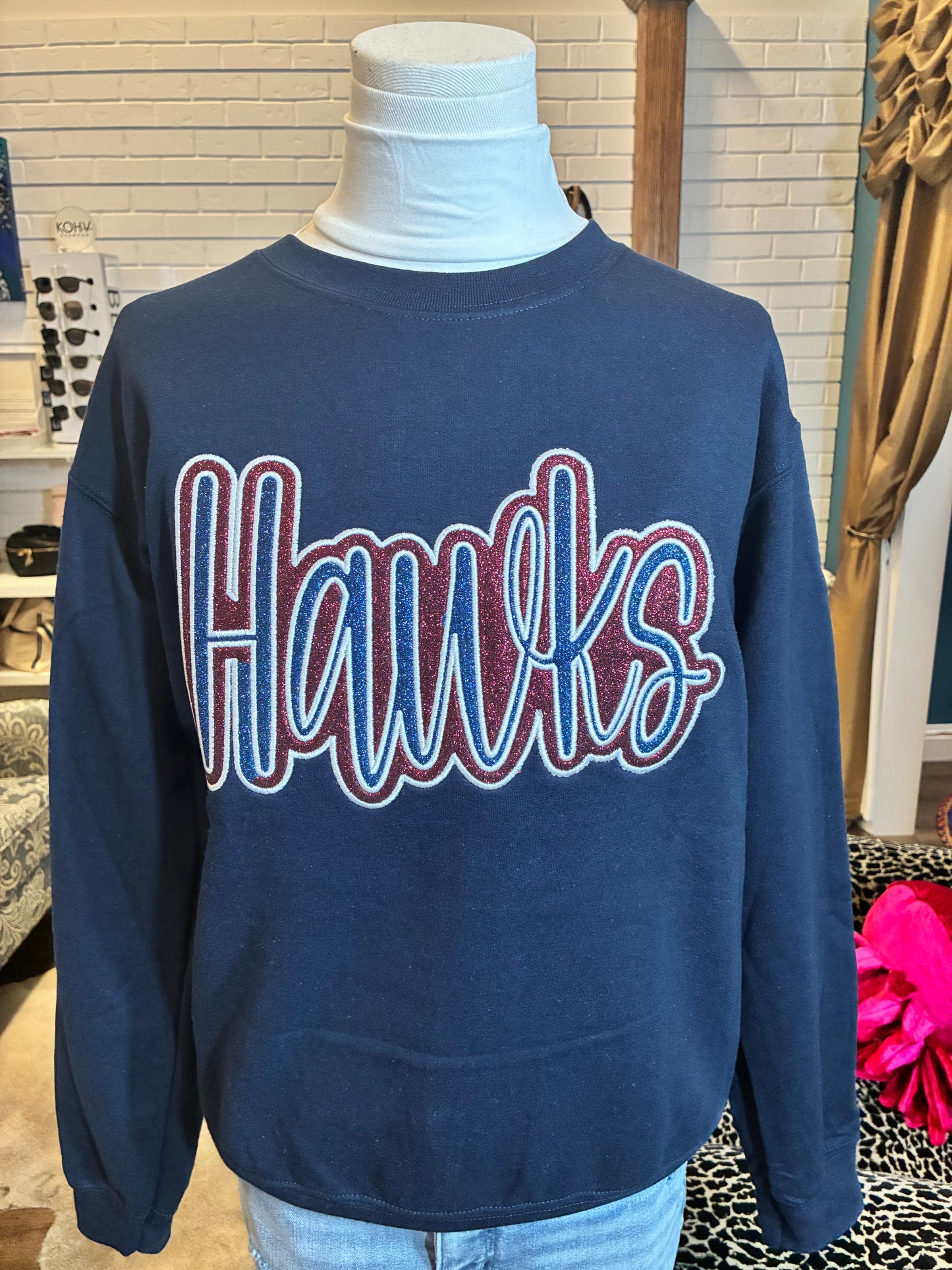 Navy Hawks Embroidery Glitter Crewneck
