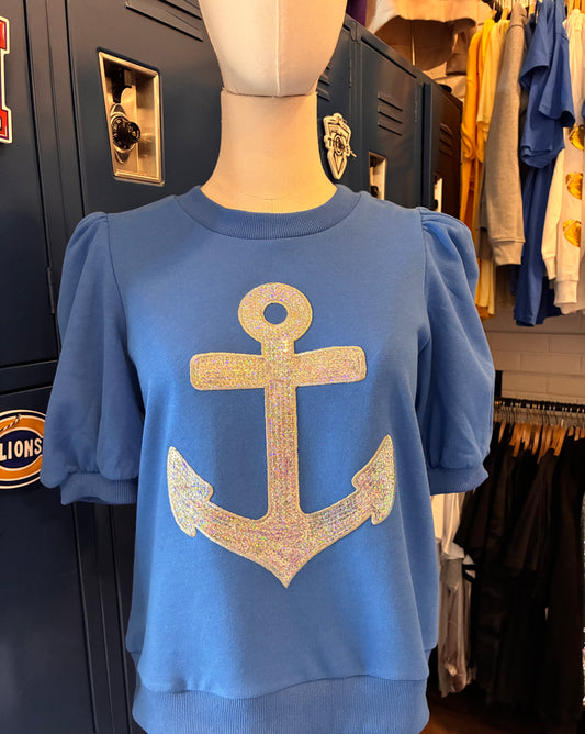 Skippers anchor blue puff sleeve round neck top