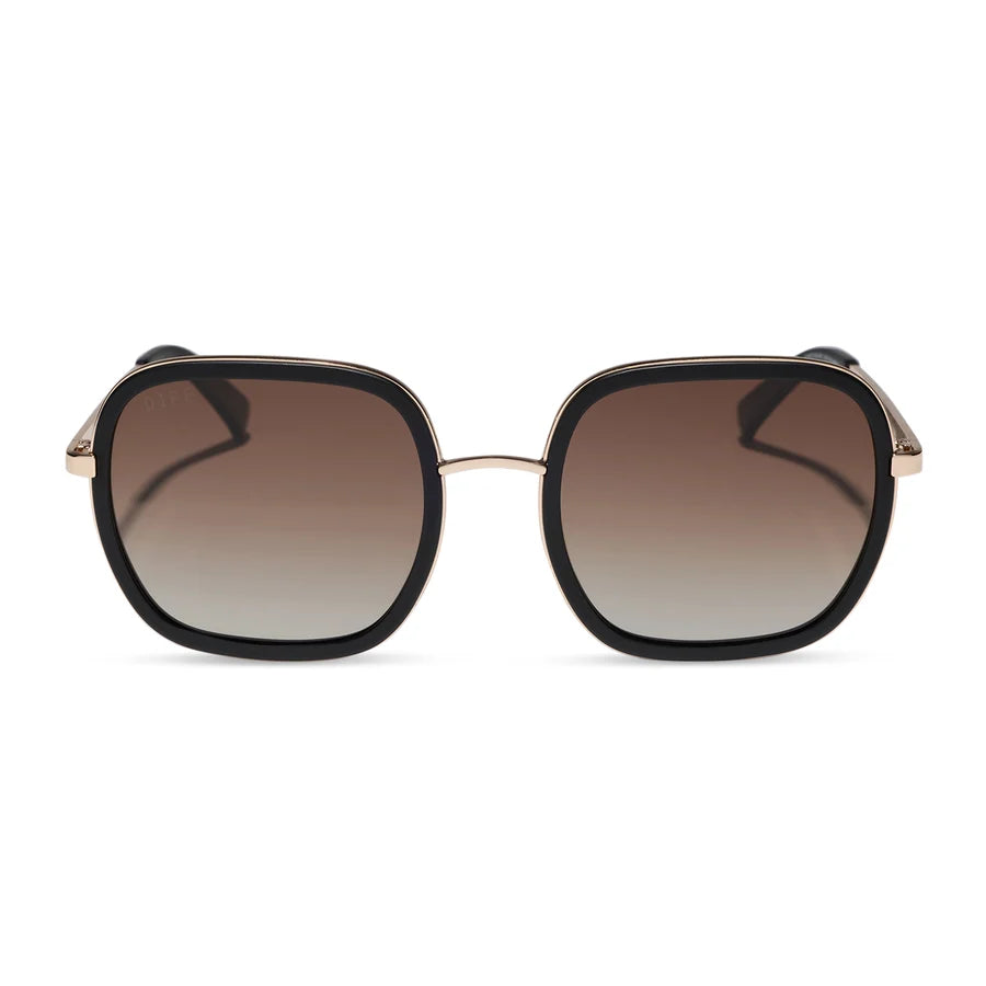 Oversized square sunglasses with a black frame, brown gradient lenses, and gold metal temples, shown against a plain white background.