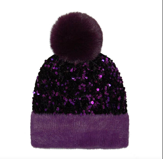 Sequin Fur Pom Fashion Beanie - Purple