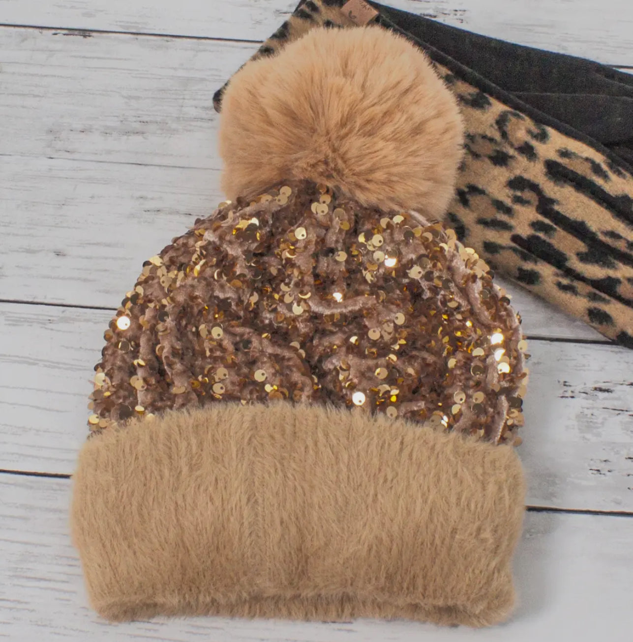 Sequin Fur Pom Fashion Beanie - Gold