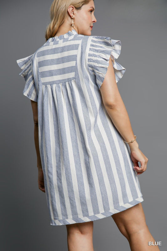 Megan Blue Striped V Neck Dress